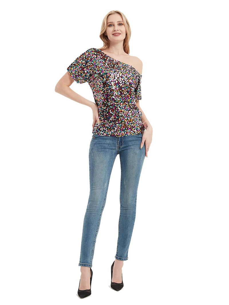 Anna-Kaci Womens Short Sleeve One Shoulder Sparkly Glitter Sequin Top Shirt Blouse, Multicolored, Medium - Image 5